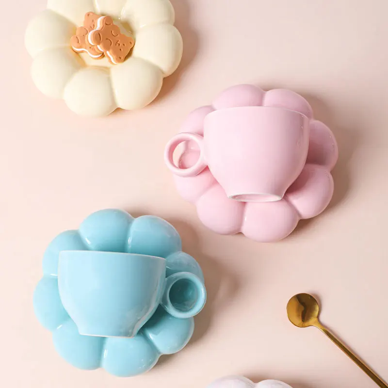 200ml Creative Flower Ceramic Mugs Candy Color Coffee Cup Saucer Set Tea Milk Water Home Drinkware Couple Handgrip Gifts | Дом и сад