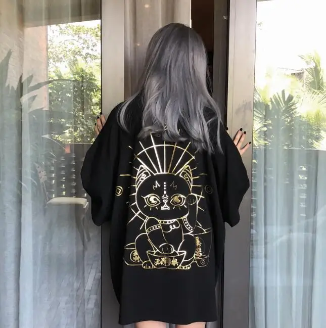 Черный Футболки Harajuku Для женщин Свободные Забавный Lucky Cat Печатные хлопок летний футболки эстетическое уличная большеразмерная футболка принтовые тройники - Цвет: Черный