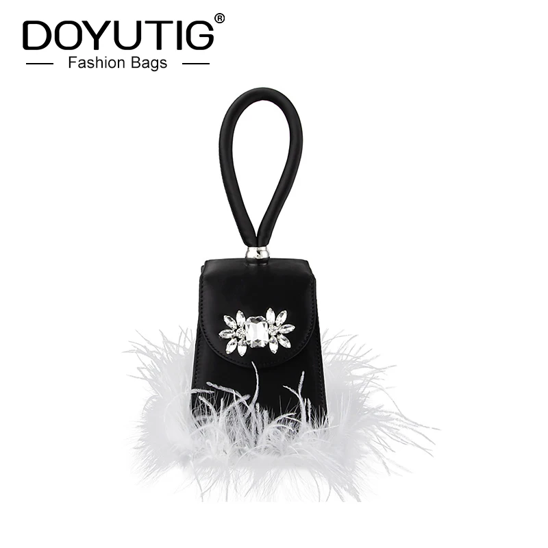 DOYUTIG антикварная женская черная сумка с белым пером Женская модная сумка высокого качества с квадратным клапаном для ужина F725