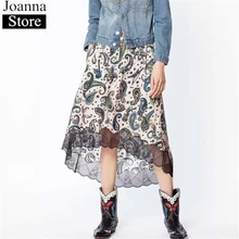 Летняя Новинка, длинная юбка с принтом и высокой талией, для женщин, нестандартная кружевная строчка, винтажные юбки с карманами, эластичная талия, одежда размера плюс
