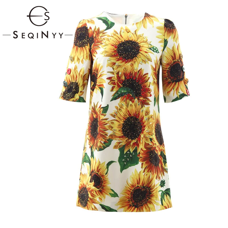 

SEQINYY Sunflowers Dress 2020 Summer New Fashion Design Women Short Sleeve Luxury Beading Straight Printed Dress Mini