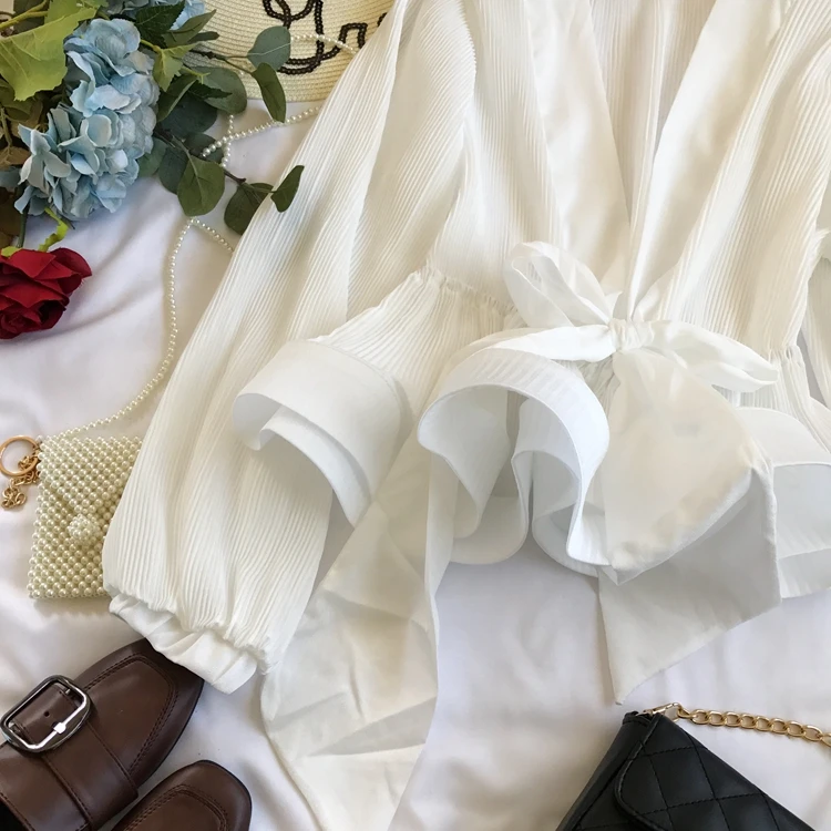 Women Elegant Long Sleeve Blouse Shirt Sexy V Neck Pleated Ruffles Blusa Sashes Vintage Women Blouse Spring Fashion Shirt Top Blusas (26)