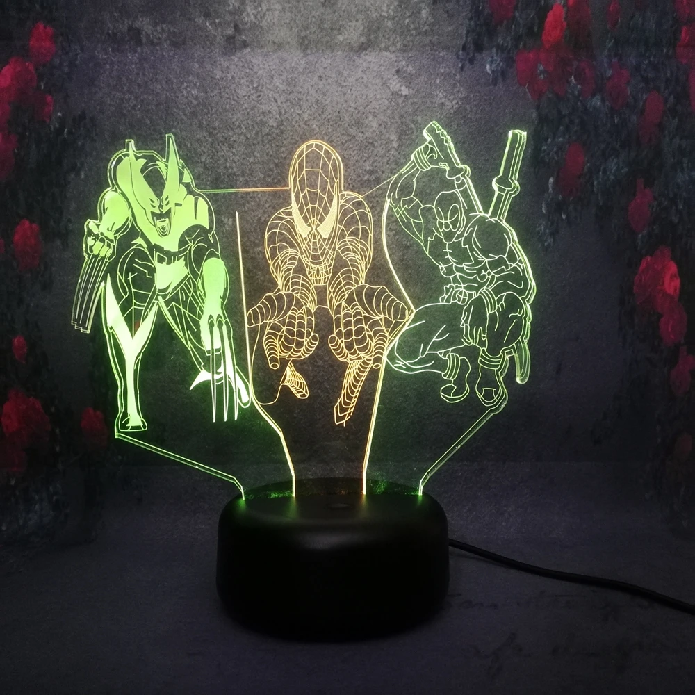 Ultron era Marvel 3D Wolverine Spiderman Deadpool Night Light LED Desk Table Lamp USB Bedsider Mixed Color Illusion Gift Bulbs | Лампы и