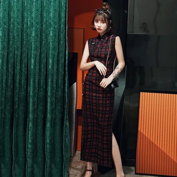 

Modern silk Cheongsam Dress Female Print Plaid Clothing Dark Red Autumn Chinese Vintage Mandarin Collar Qipao