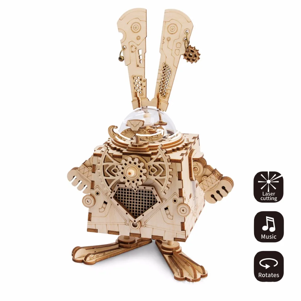 

3D Wooden Chip Puzzle Music Box Toys Laser Cut Steampunk Fans Robot Musical Boxes for kids DIY Crafts Ornament Intellectual Gift