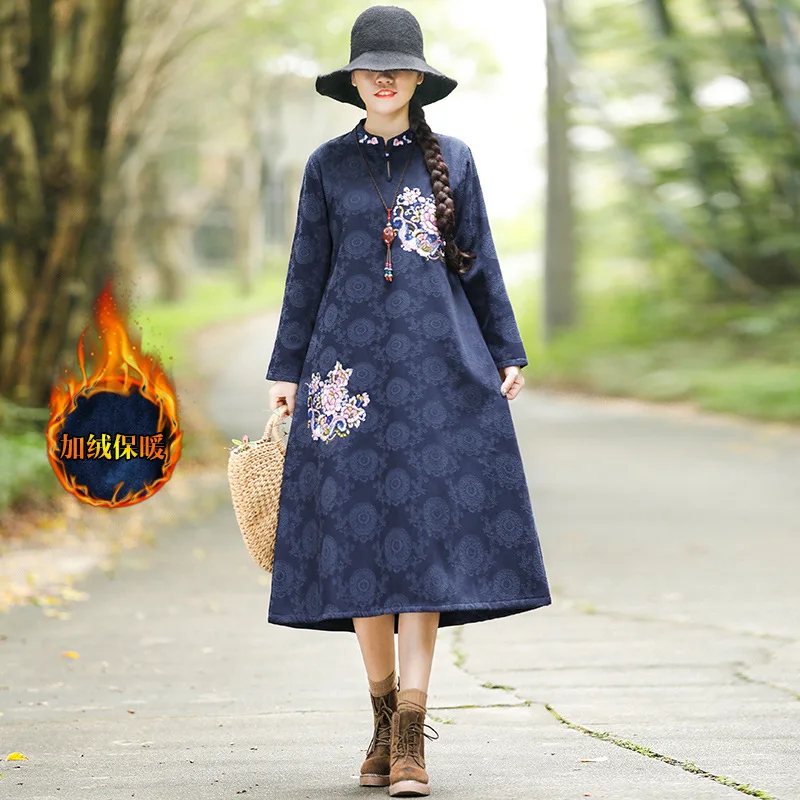 

2019 Autumn And Winter New Style Cotton Brushed And Thick Jacquard Embroidery Ethnic-Style Mid-length Slim Fit Slimming Dress Wo