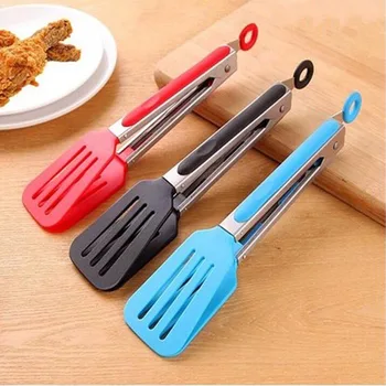 

Colorful Tongs Silicone Cover Handle Kitchen Tongs Lock Design Barbecue Clip Clamp Stainless Steel Food Tongs Color Random