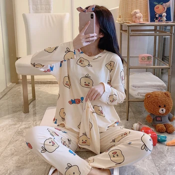 

Spring Summer Pajama Sets For Women Cute Cartoon Duck Print Loose Casual Pyjamas For Girl Good Quality Cotton Sleepwear