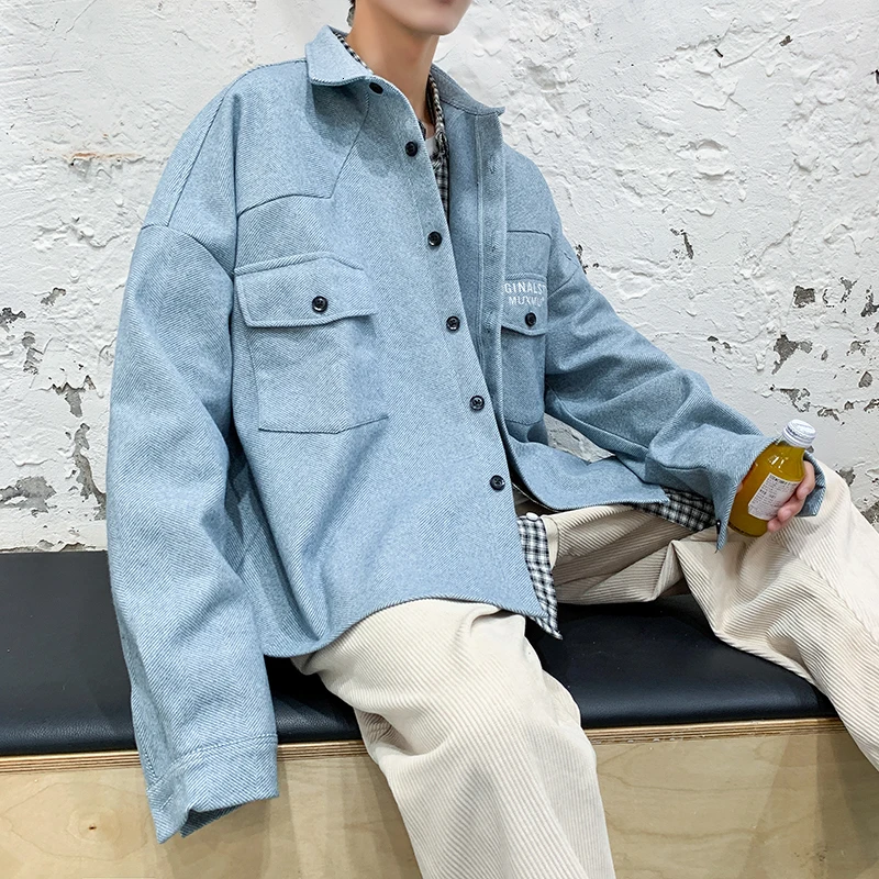 

Autumn New Woolen Jacket Men's Fashion Solid Color Casual Woolen Coat Man Streetwear Wild Loose Thick Woolen Shirt Male Clothes