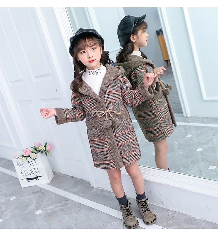 

2019 New Winter Spring Autumn Girl Padded Warm Fashion Woolen Coat Jacket for Girls Teens Jacket Plus Velvet Warm Long Outerwear