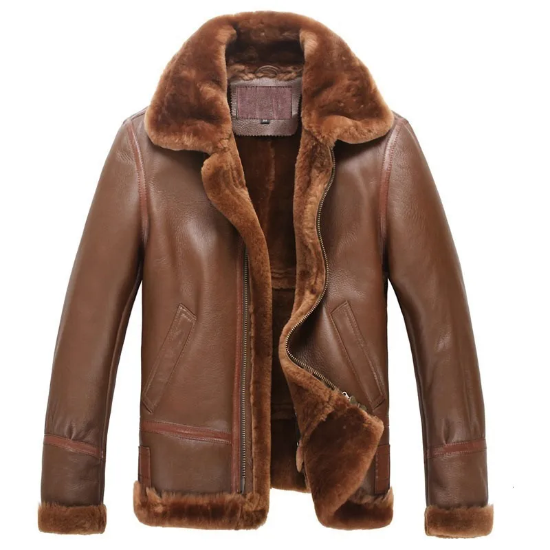 Leather fur lined men's sheep cut coat thick in winter hot smart relaxed zipper sleeve long man | Мужская одежда