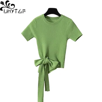 

UHYTGF Casual Knitted Pullover summer top women's Short sleeve O neck Elasticity slim chic short knit top Thin sweater coat 226