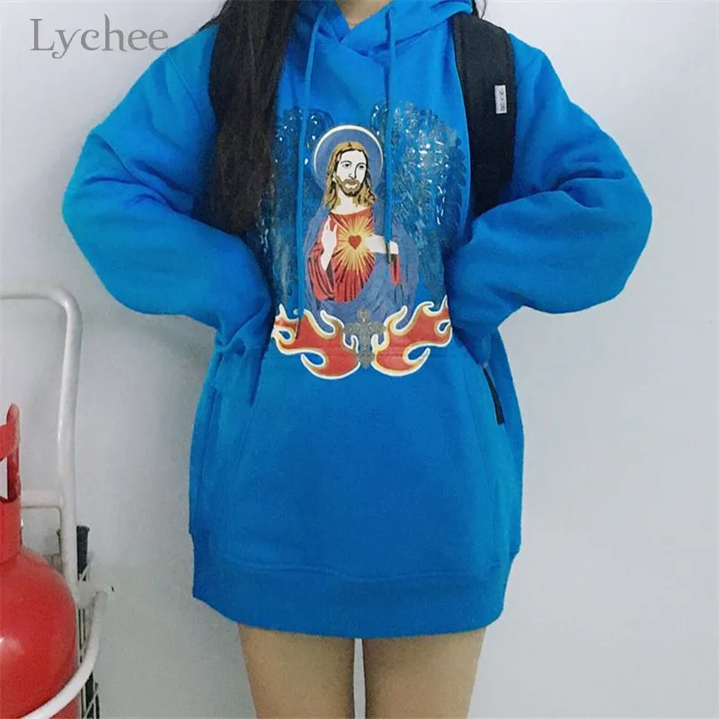 Lychee Женские флисовые толстовки с капюшоном в стиле Харадзюку, с изображением пламени Иисуса, повседневные свободные женские флисовые толстовки, топы, осенние женские пуловеры