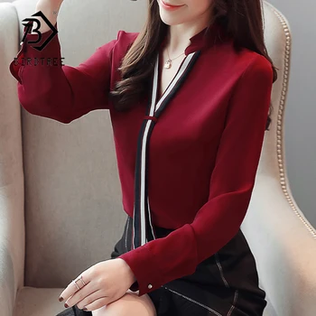 

Elegant Women Chiffon Long Sleeve Blouse Splice Necktie Office V Neck Shirt 2020 Spring Autumn T9N603M