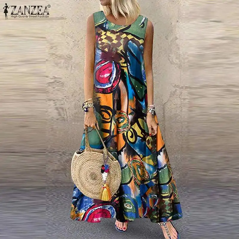 ZANZEA Women Bohemian Sleeveless Floral Printed Sundress Summer Dress Robe Vintage Kaftan Beach Vestido Femme Sarafans Plus Size