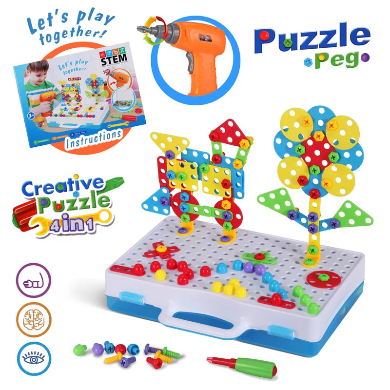 

Buzz Drill Puzzle Toys Pretend Play Tools DIY Design Mosaic Building Screws Puzzle Creative STEM Educational Game Children Gift