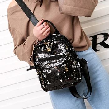 

Girls Glitter Sequins Fashion Adjustable Strap Travel School Zipper Closure Rucksack Bling Backpack Small Dating