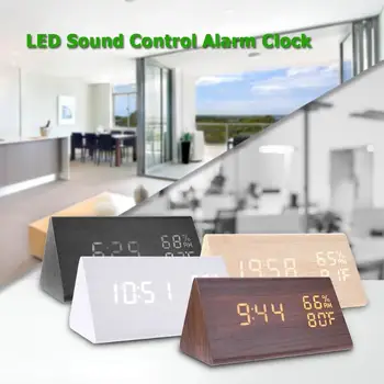 

Intelligent Induction USB Wood LED Sound Control Alarm Clock Thermometer Timer Calendar Temperature Display Clock Home Decor