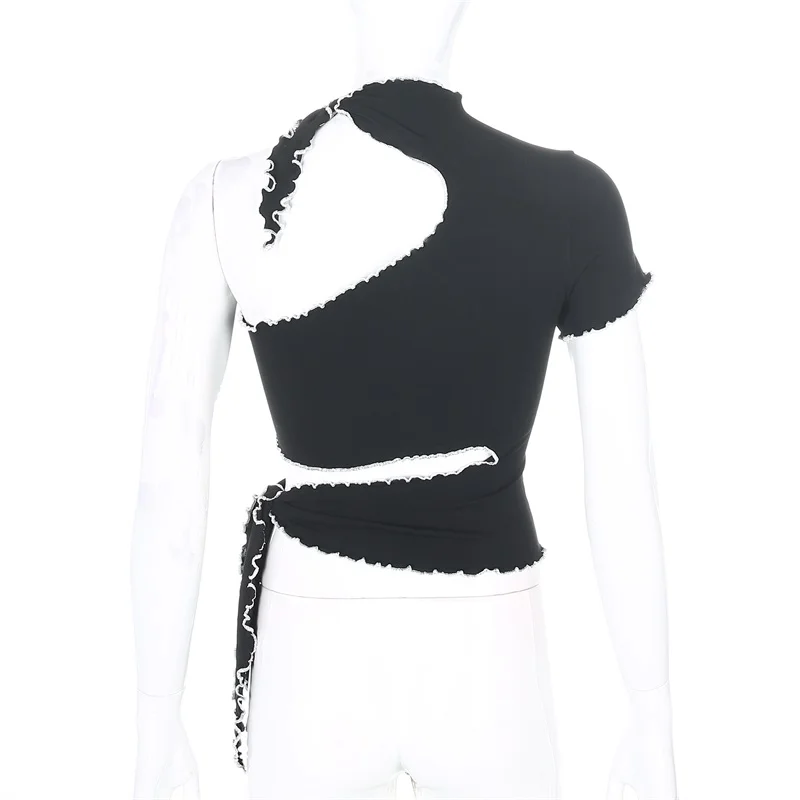 Iamhotty One Shoulder Hollow Out Bandage Croped Top Women Black Solid Patchwork Reverse Thread Sexy Tshirt Ladies Y2K Harajuku