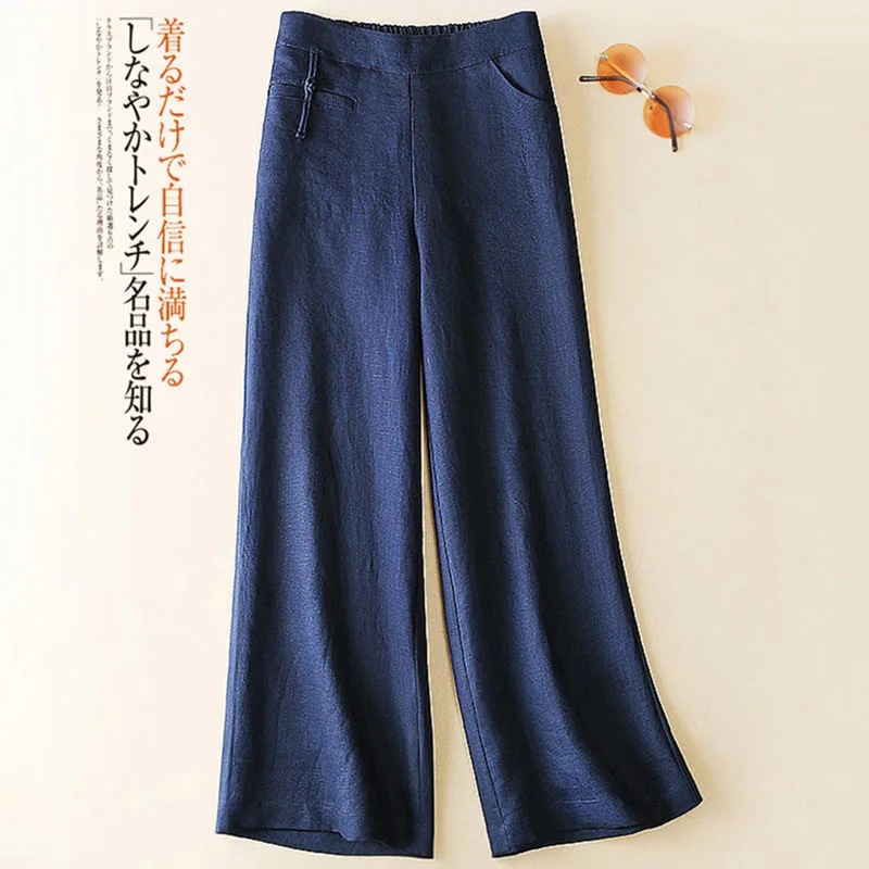 

Limiguyue Summer Elastic High Waist Pants Cotton Linen Wide Leg Women Pocket Casual Trousers Long Capri Pantalon Harajuku K1687