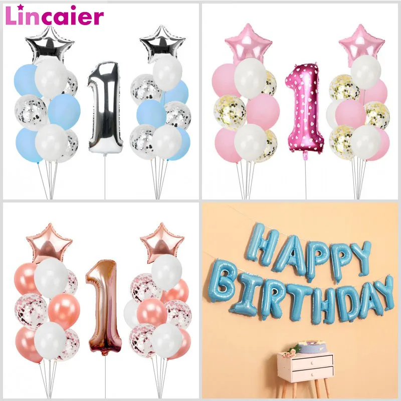 

21pcs 1st Happy Birthday Balloons Foil Number Ballon First Baby Boy Girl Party Decorations My 1 One Year Supplies Pink Blue