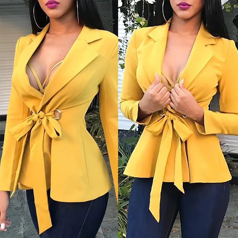 Seller Womens Blazers and Short Coats Solid Single Button Notched Office Lady Yellow Blazers Ladies Coats with Belt Bow Fashion Autumn