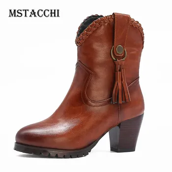 

MStacchi Tassels Weave Do Old Ethnic Women Boots Retro Chunky Heels Metal Decoration Ankle Boots Elegant Zipper-Sid Warm Boots