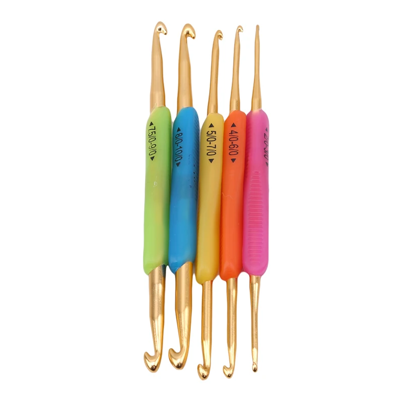 5 PCs/Set Brand New Silicone Handle Gold Double Aluminum Crochet Hooks Knitting Needles At Random Colors Sewing Tools | Дом и сад