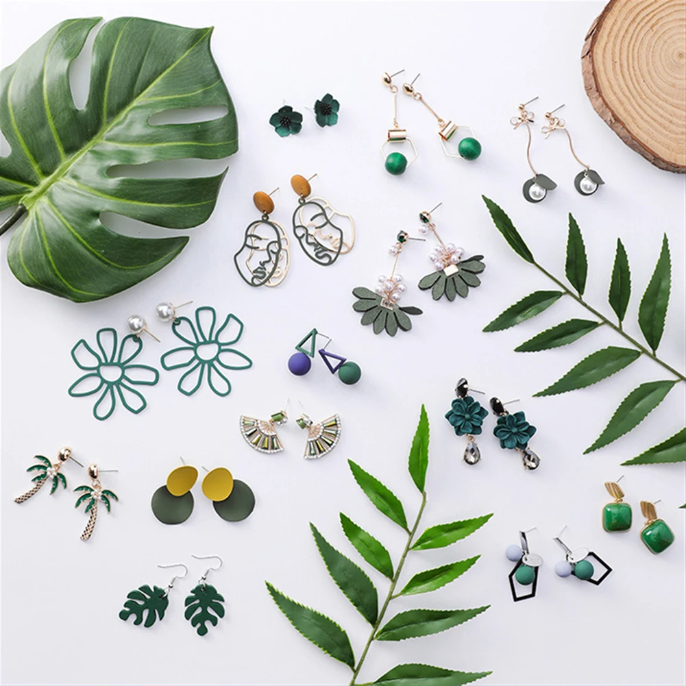 

Summer Green Forest Series Earring Acrylic Flower Dripping Oil Cactus Crystal Pearl Metal Ball Long Tassel Earing For Women Girl