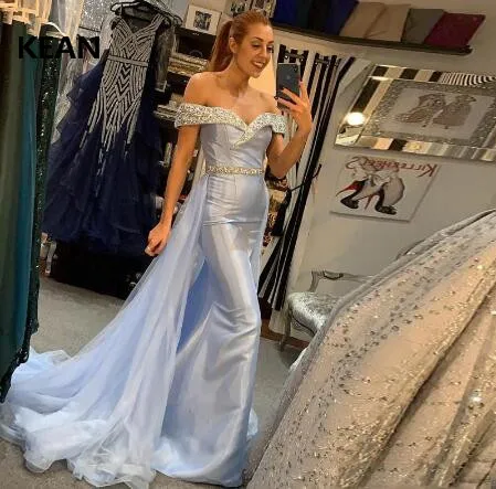 

Sky Blue Evening Dress Off the Shoulder Detachable Beads Robe De Soiree Islamic Dubai Kaftan Saudi Arabic Prom Dress vestidos