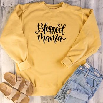 

Blessed Mama Women Sweatshirt Letter Print Harajuku Hoodies Crewneck Long Sleeve Mom Life Tops Thanksgiving Gift Dropshipping