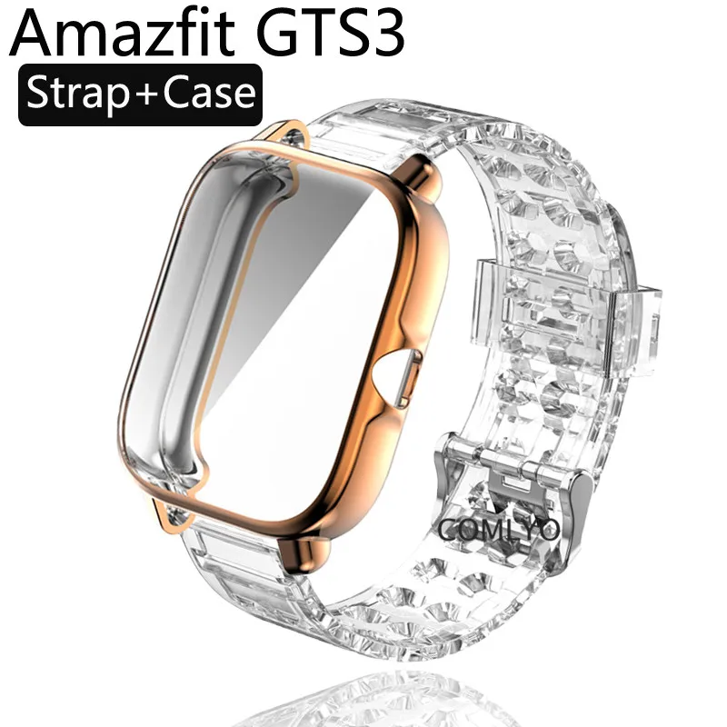 

2in1 For Amazfit GTS 3 GTS3 Strap Clear Band Bracelet Smart Watch TPU Full Protector Case Cover Edge Frame Shell Bumper
