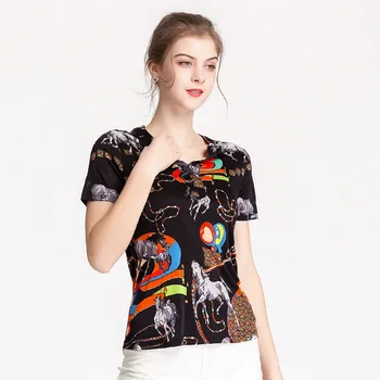 

Silk Top Women's Silk Knitted T-shirt Summer New Style Stand Collar Short Sleeve Large Size Fashion Printed Women Dress