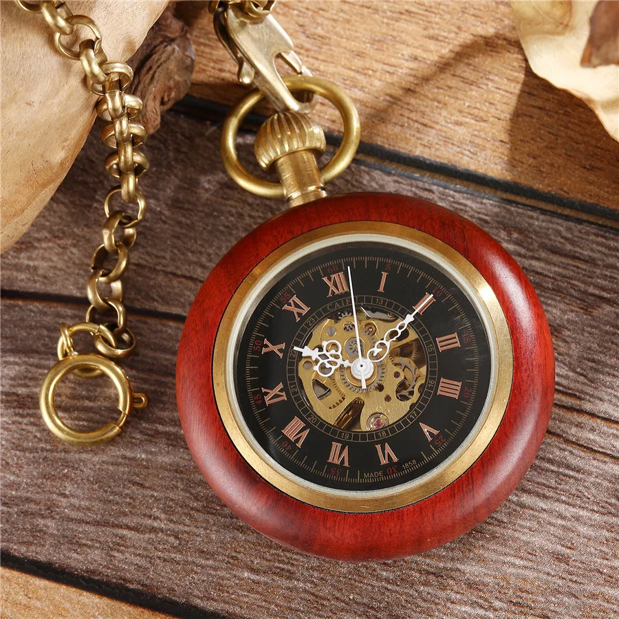 Круглые деревянные механические карманные часы Роскошные красные черные деревянные часы ручной обмотки Скелет Fob часы мужские и женские часы подарки Reloj - Цвет: Красный