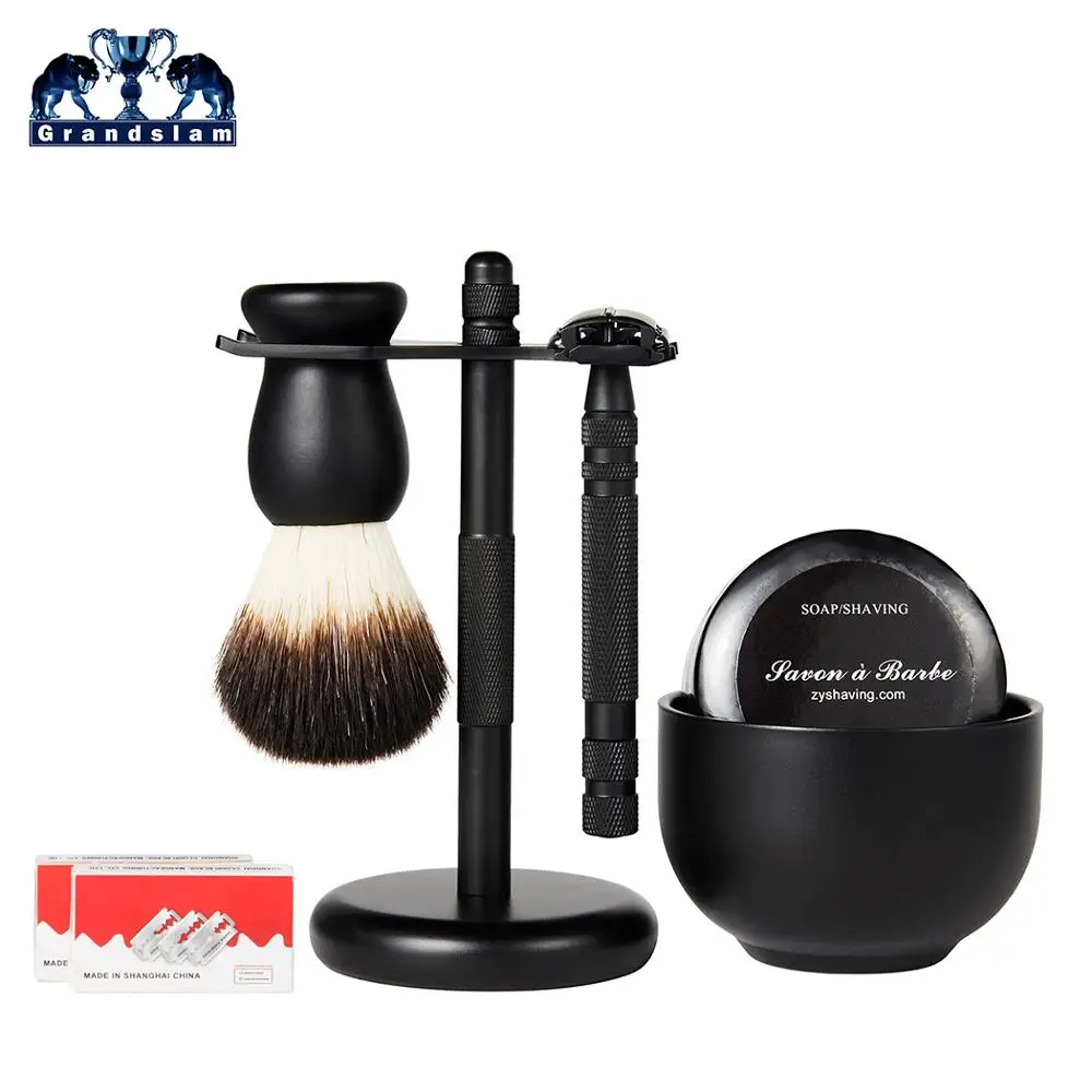 

Grandslam Black Butterfly Safety Razor Set Double edge Shaving Blade Kit Great Deluxe Razor holder Shaving Brush Stand Soap Bowl