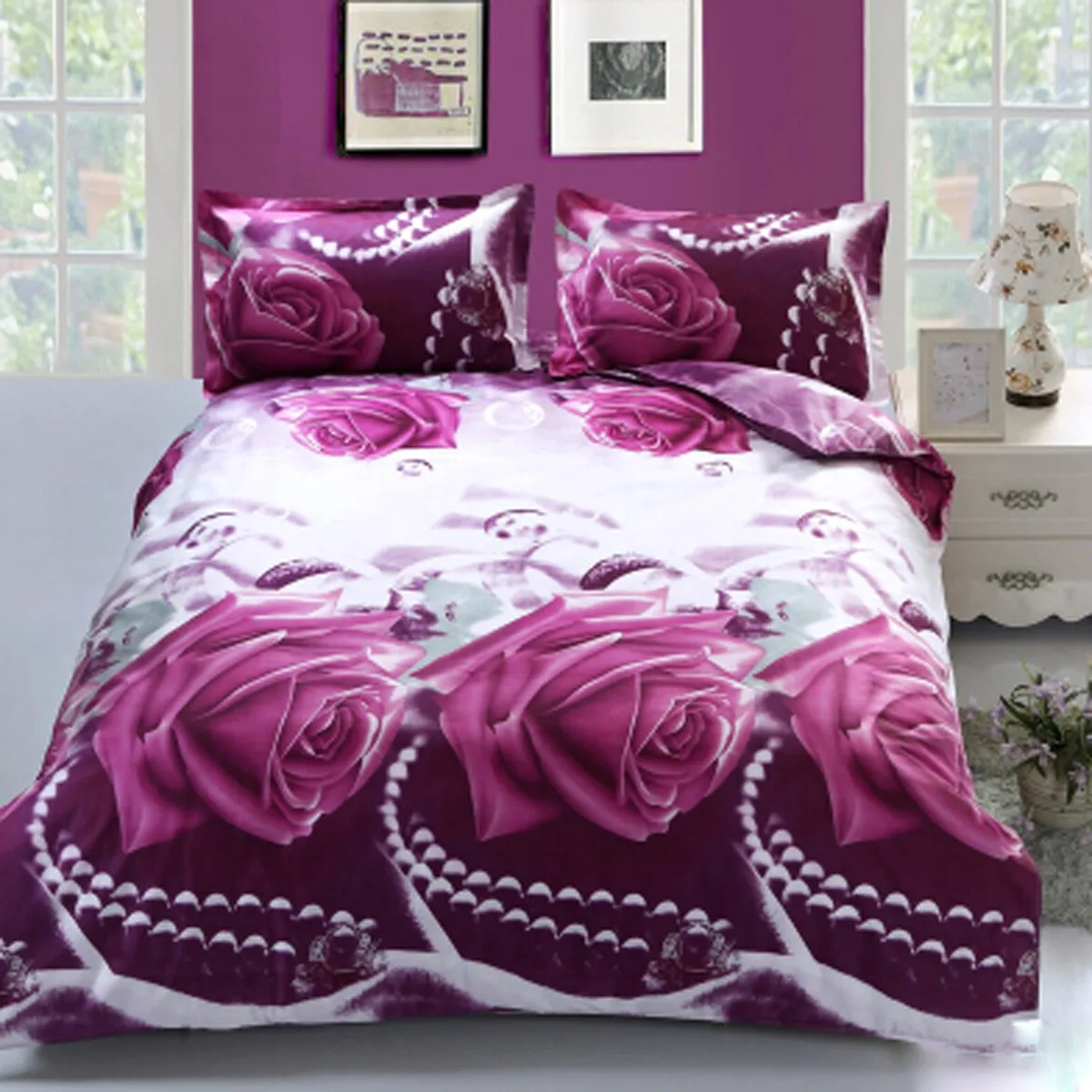 Purple Rose 4 шт. постельных принадлежностей 3D цветок животное печатных пододеяльник простыня наволочки Подушка Чехол постельный комплект постельные принадлежности выход домашний декор - Цвет: Purple Rose