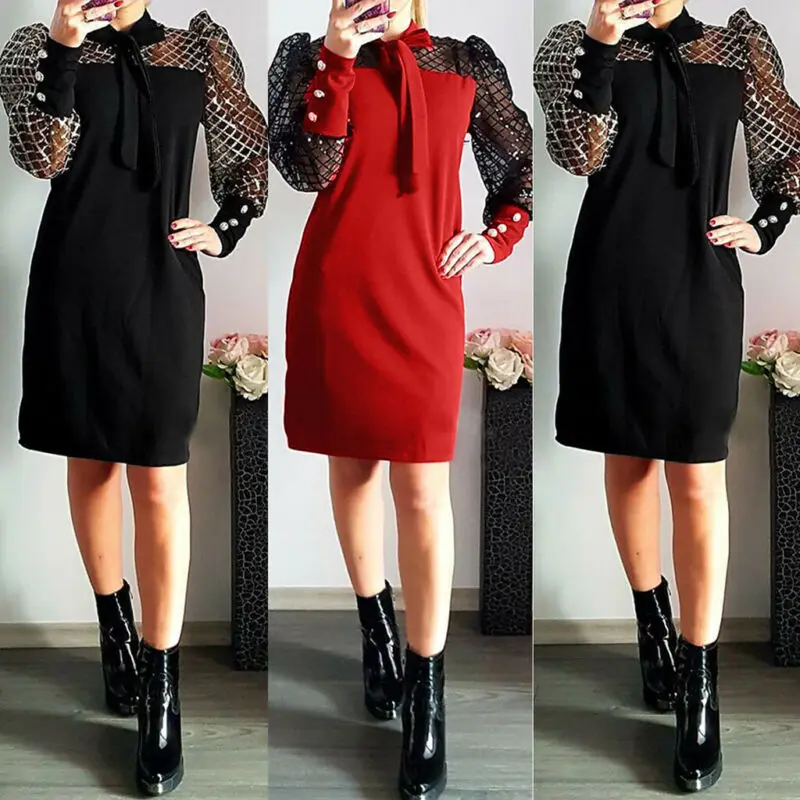 Elegant Dress Women Sexy Grid Sequin Tie Neck Party Female Overalls Long Sleeve Club Short Mini Casual Bandage | Женская одежда