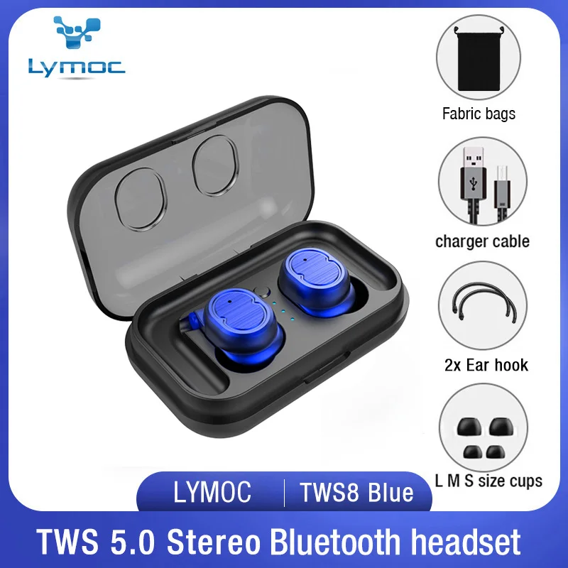 LYMOC TWS8 Bluetooth наушники 5,0 TWS беспроводные наушники мини наушники HiFi Звук Спорт водонепроницаемый HD микрофон громкой связи для всех телефонов - Цвет: Blue fabric bag