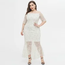 Plus Size Women Sexy Slim Lace White Dress 2021 The New Arrivals Half  Sleeve Office  Lady Long Dress