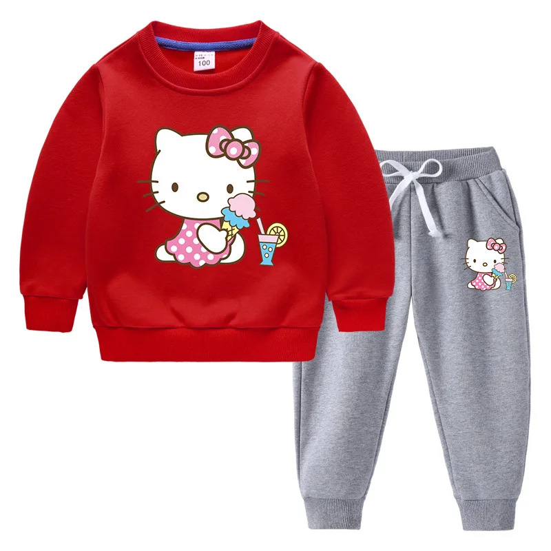 thumbnail image 1 of Hello Kitty estampado de dibujos animados para niños más suéter de terciopelo + pantalones gruesos ropa informal cálida de dos piezas para niños y niñas, 1 of 5