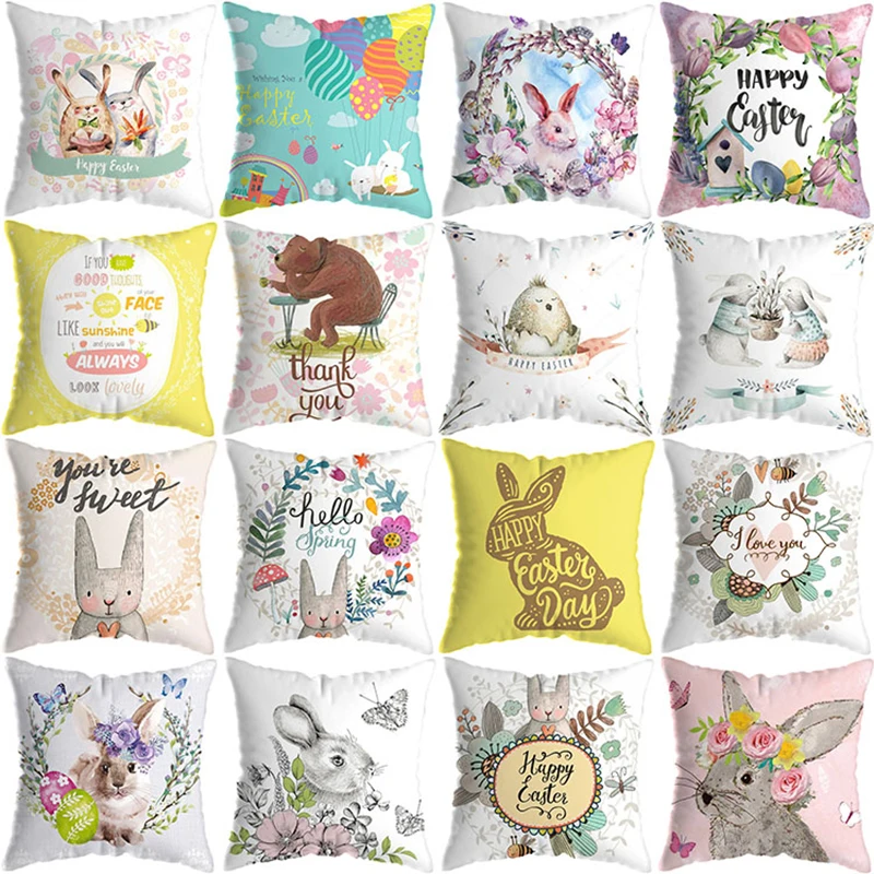 Happy Easter Cushion Rabbit Eggs Decorative Print Pillow Case Polyester