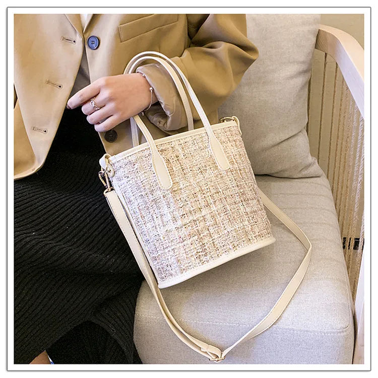 Осенняя новая плетеная Сумка 100, Большая вместительная модная сумка-мешок на одно плечо для девочек - Цвет: Белый