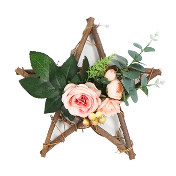 

Wedding Party Wall Hanging Backdrop Garden Wooden Star Pendant Front Door Home Decor Rattan Artificial Flower Wreath Simulation