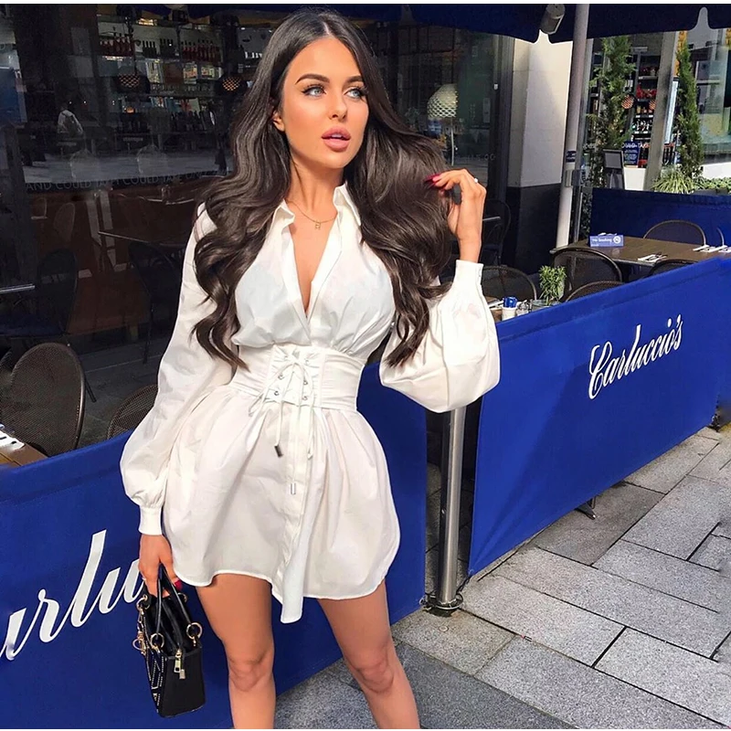 

Women Bandage Shirt Dress Autumn Long Sleeve High Waist Corset Belt Casual Party Vintage Sexy Mini Fashion Dresses Vestidos