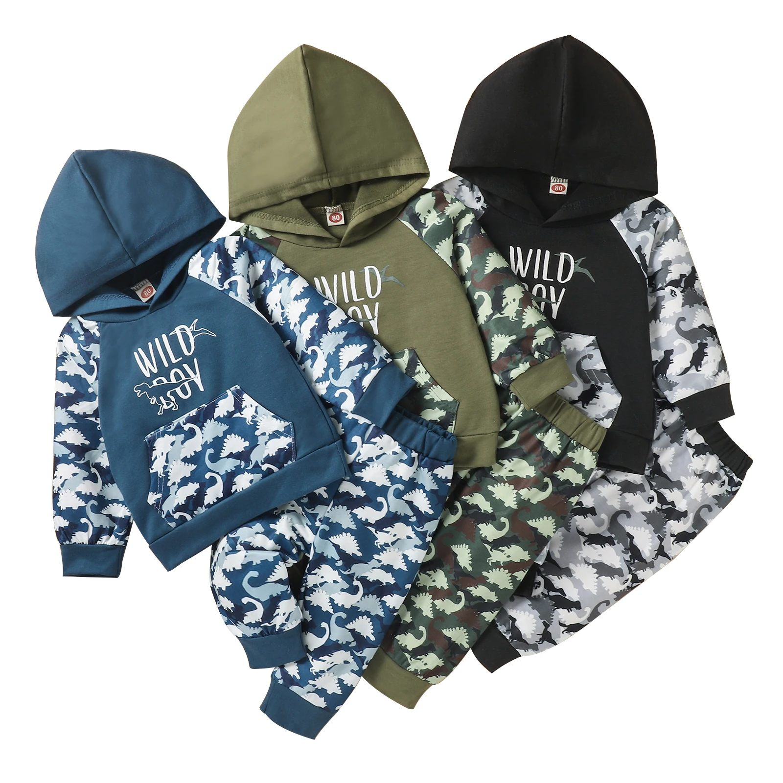 FOCUSNORM Newborn Baby Boys 2pcs Clothes Sets Letter Dinosaur Printed Long Sleeve Hooded Tops Pants 0-24M |