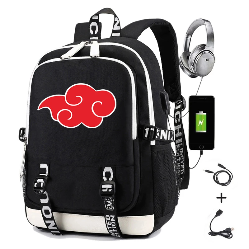 Наруто рюкзак для мужчин с принтом Akatsuki Uchiha Itachi Sasuke Uchih зарядка USB Женский Мужской