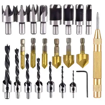 

23PCS Woodworking Drill Bits Chamfer Drilling Tool Milling Cutter Drill Bits L-Wrench 1/4 "Hexagon Handle Drills Sets
