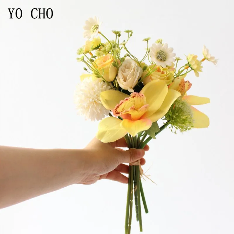 Йо Чо Букет искусственного шелка роза цветок невесты Свадебный букет Орхидея помпон цветок шампанское невесты Выпускной Свадебные принадлежности