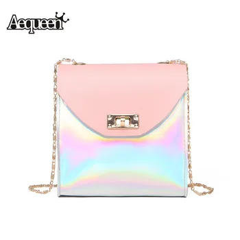 

AEQUEEN PU Leather Messenger Bag Small Hologram Laser Shoulder Bag Women Chain Crossbody Bags Mini Clutches Lady Bolsa Feminine