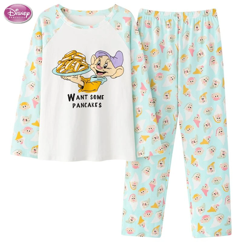 Disney Cartoon Snow White Dwarf Long Pajamas Set Lady Autumn Winter Cotton Long Sleeve Trousers Suit Printing Kawaii Pyjamas Set
